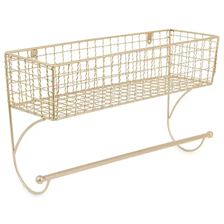Antique Gold Wire Basket Towel Rack, 17 in.