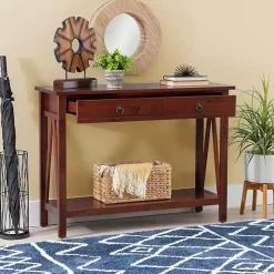 Antique Tobacco Console Table with Bottom Shelf
