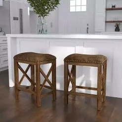 Antique Walnut Faux Leather Stools, Set of 2