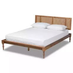 Ash Walnut Wrap-Around Rattan Platform Queen Bed