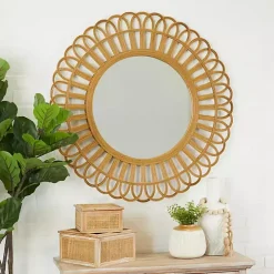 Bamboo Round Overlay Floral Frame Wall Mirror