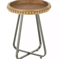 Beaded Wood Rattan Round Accent Table