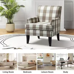 Beige Buffalo Check Upholstered Armchair