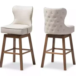 Beige Button Tufted Swivel Bar Stools, Set of 2