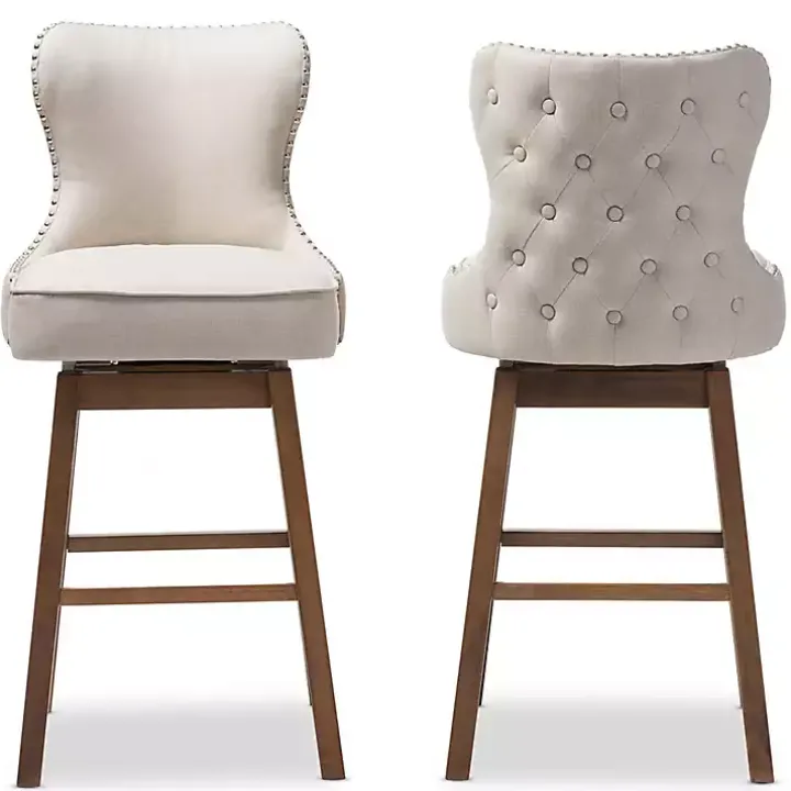 Beige Button Tufted Swivel Bar Stools, Set of 2