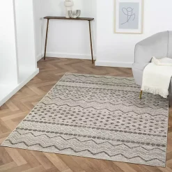 Beige Geometric Stripe Washable Area Rug, 5x7