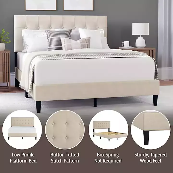 Beige Tufted Low Profile Platform Queen Bed
