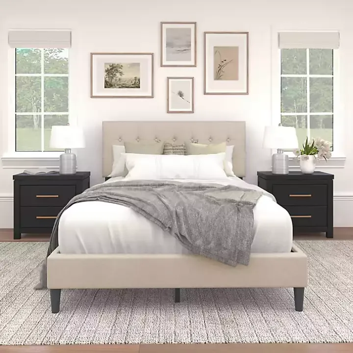 Beige Tufted Low Profile Platform Queen Bed
