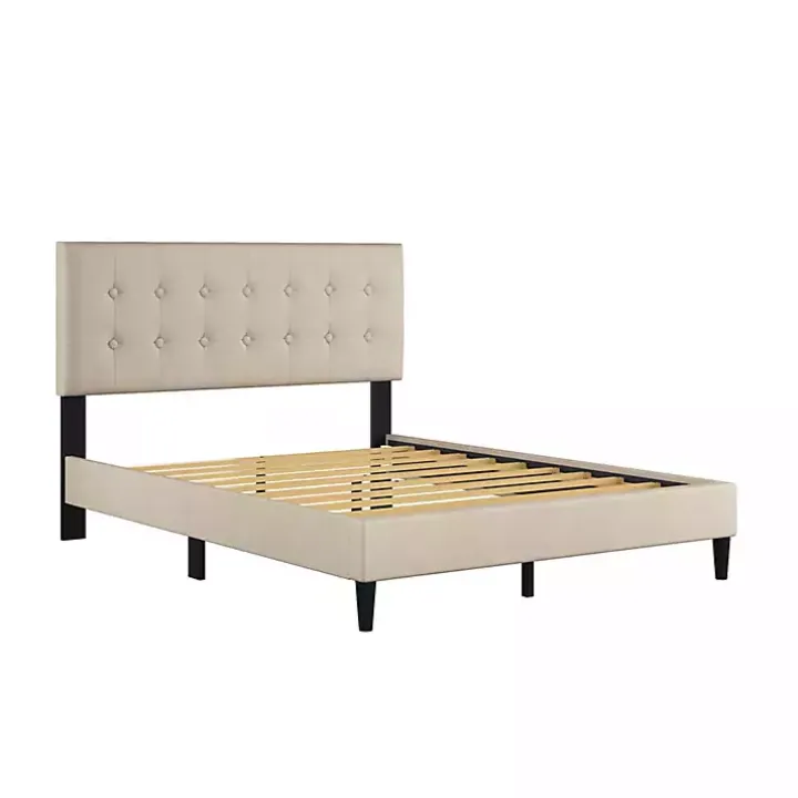 Beige Tufted Low Profile Platform Queen Bed