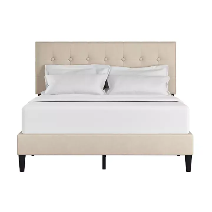 Beige Tufted Low Profile Platform Queen Bed