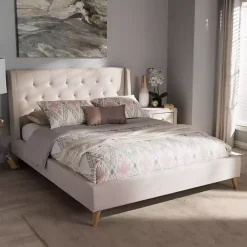 Beige Upholstered Wingback Queen Platform Bed