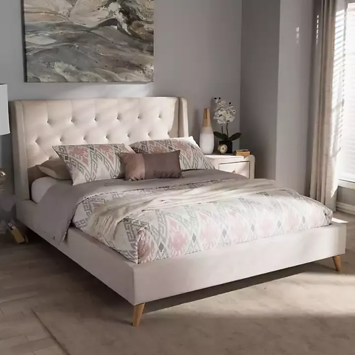 Beige Upholstered Wingback Queen Platform Bed