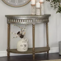 Beige Wood and Metal Half Moon Console Table