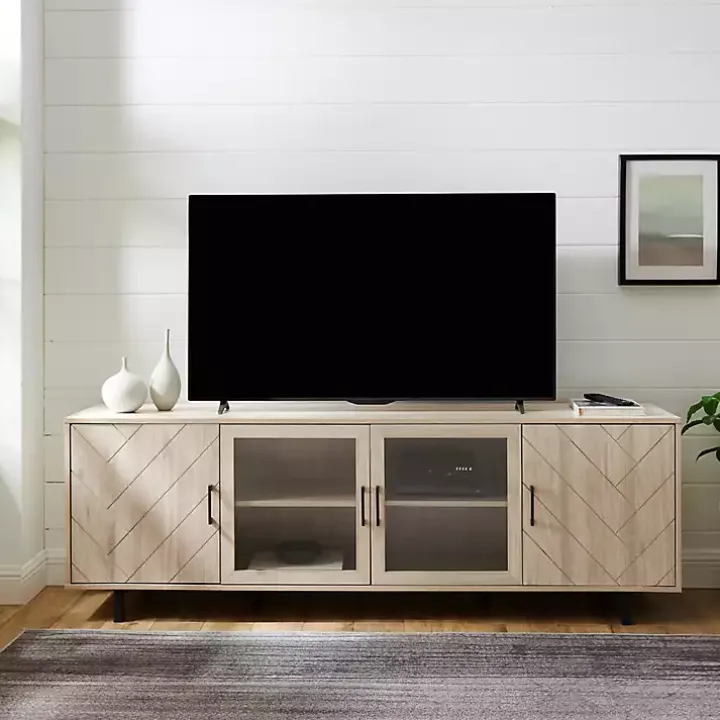 Birch Wood Herringbone 4-Door TV Stand