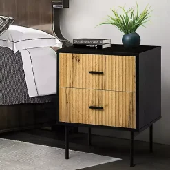 Black and Natural Wood 2-Drawer Nightstand