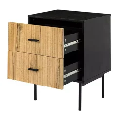 Black and Natural Wood 2-Drawer Nightstand