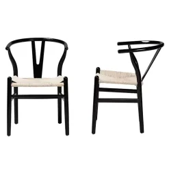 Black and Tan Wishbone Dining Chairs, Set of 2