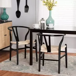 Black and Tan Wishbone Dining Chairs, Set of 2