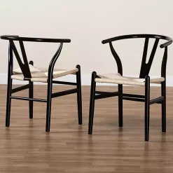 Black and Tan Wishbone Dining Chairs, Set of 2