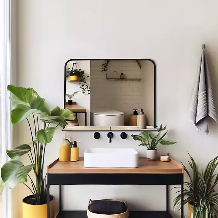 Black Brown Metal Shelf Horizontal Wall Mirror