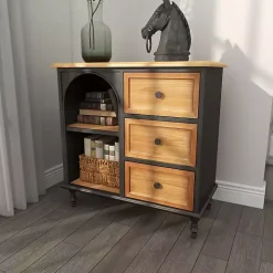 Black Metal and Brown Wood Storage Cabinet