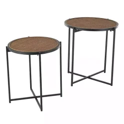 Black Metal Rattan Accent Tables, Set of 2
