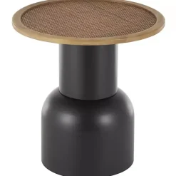 Black Metal Rattan Pedestal Accent Table, 19 in.