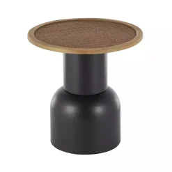 Black Metal Rattan Pedestal Accent Table, 19 in.