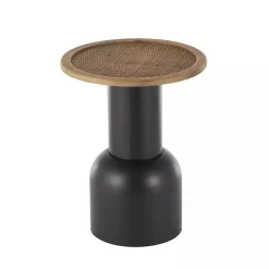 Black Metal Rattan Pedestal Accent Table, 16 in.