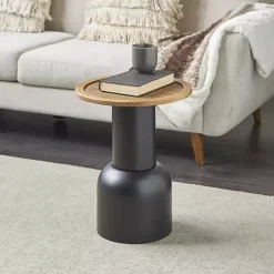 Black Metal Rattan Pedestal Accent Table, 16 in.