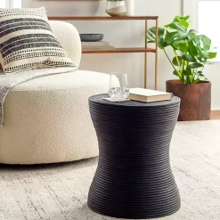 Black Ribbed Rattan Round Accent Table