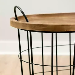 Black Wire and Natural Wood Basket Side Table
