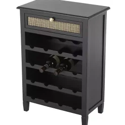 Black Wood & Natural Rattan Wine Bottle Cabinet