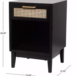 Black Wood and Natural Rattan Drawer Nightstand