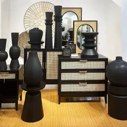 Black Wood and Natural Rattan Drawer Nightstand