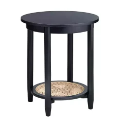 Black Wood and Rattan Boho Accent Table