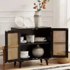 Black Wood and Rattan Carpinteria Cabinet
