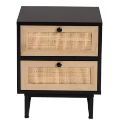Black Wood and Rattan 2-Drawer Nightstand