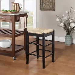 Black Wood and Woven Rush Counter Stool