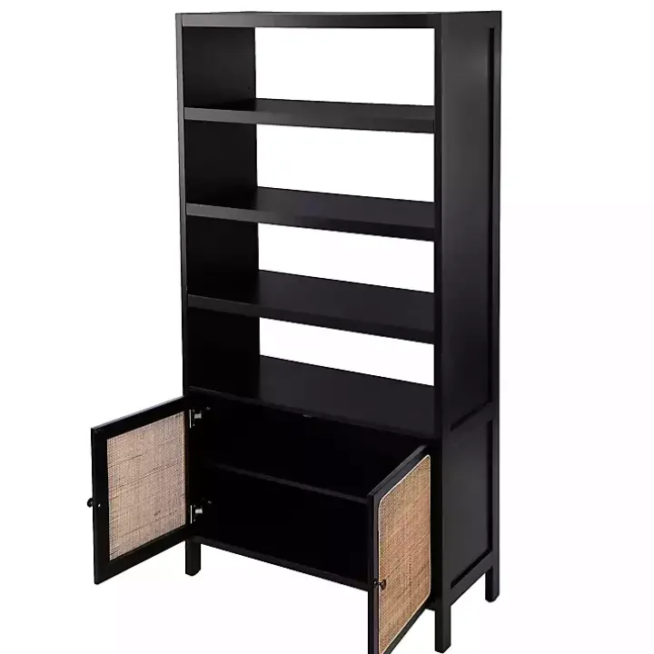 Black Wood Cane Doors Bookshelf