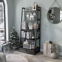 Black Wood 5-Shelf Leaning Bookshelf