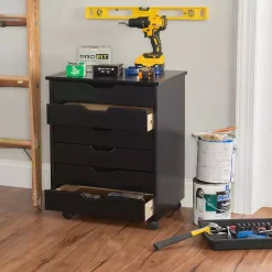 Black Wood Wide 6-Drawer Cary Storage Cart