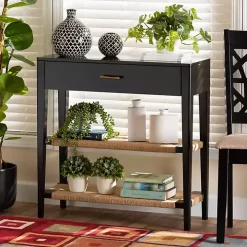 Black Wood Woven Shelves Console Table