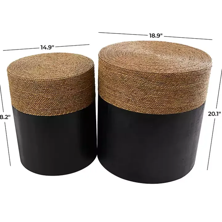 Black Wood Wrapped Rope Accent Tables, Set of 2