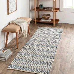 Blue and White Chevron Jute Runner, 2x8