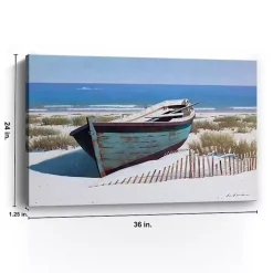 Blue Boat On Beach Canvas Art Print