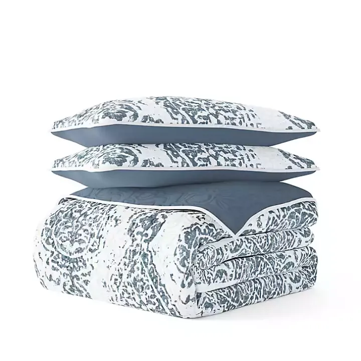 Blue Damask Reversible 3-pc. King Quilt Set