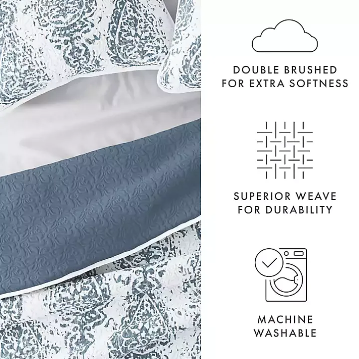 Blue Damask Reversible 3-pc. King Quilt Set