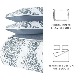 Blue Damask Reversible 3-pc. King Quilt Set