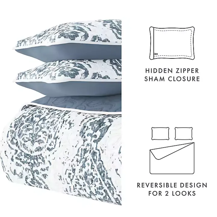 Blue Damask Reversible 3-pc. King Quilt Set